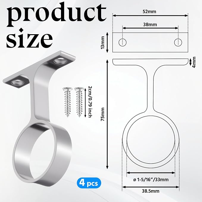 LEIFIDE 4 Pcs 1 5/16 Inch Diameter Round Wardrobe Closet Rod Suspended Center Support with Installation Screws Curtain Closet Rod Ceiling Mount Bracket for Home Wardrobe (Satin Silver)