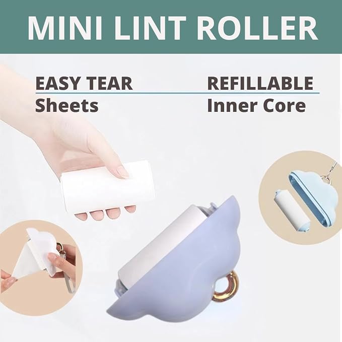 Portable Lint Roller 150 Sheets Travel Size, Mini Lint Roller for Clothes and Reusable Pet Hair Remover, Cute Small Sticky Dust Remover Refillable