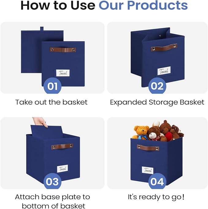 FinishingBo 10.5" x 11" Storage Bins with Labels 6 Pack | PU Leather Handles, Foldable Storage Cubes, Storage Baskets, Closet Storage, Blue