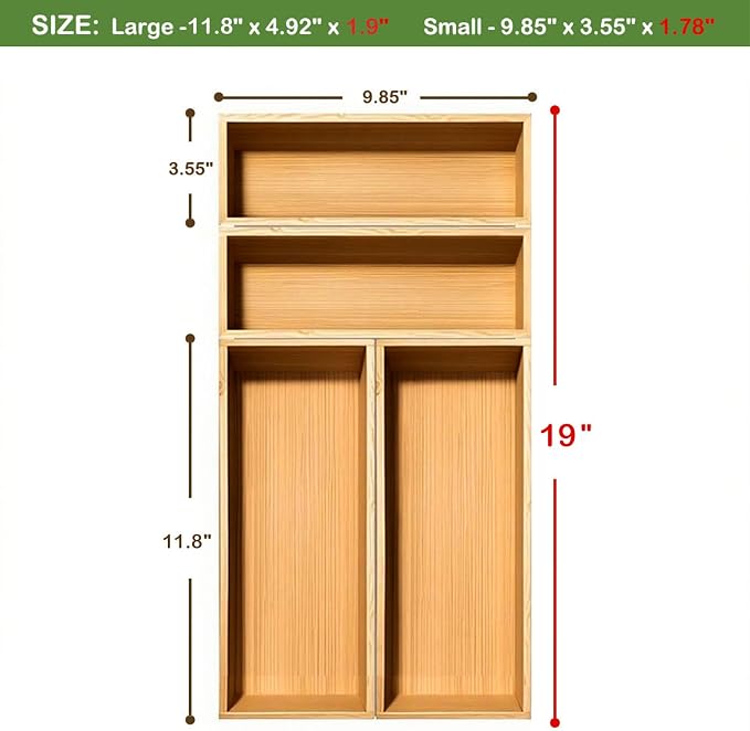 guiogc Multi-size bamboo drawer silverware Organizer, Utensil Tray for Kitchen (L:11.8"x4.92"x1.9", S:9.85"x3.55"x1.8" Set of 4) Space-saving bamboo storage set designed for small families