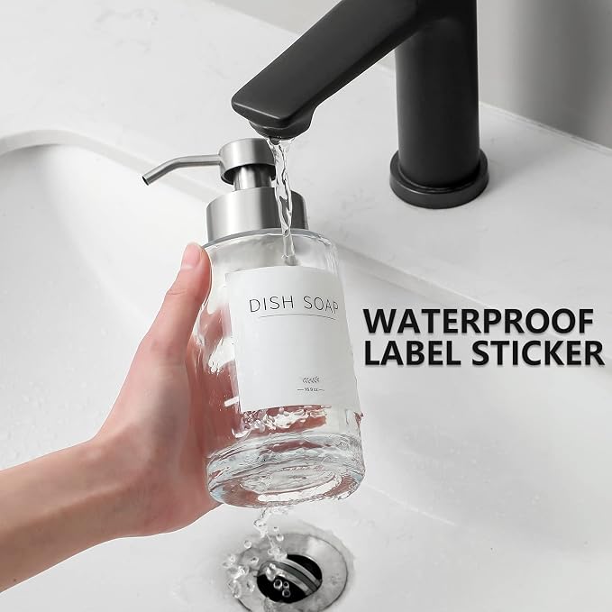 Foaming Soap Dispenser Set, 12 Oz Glass Hand Soap Dispenser with 304 Rust Proof Stainless Steel Pump, Waterproof Labels, for Bathroom Decor Kitchen College Dorm, Clear Silver Pump 2 Pack | Rust Proof Silver Pump, Sturdy, Clear Empty Foam Bottle with Wa...