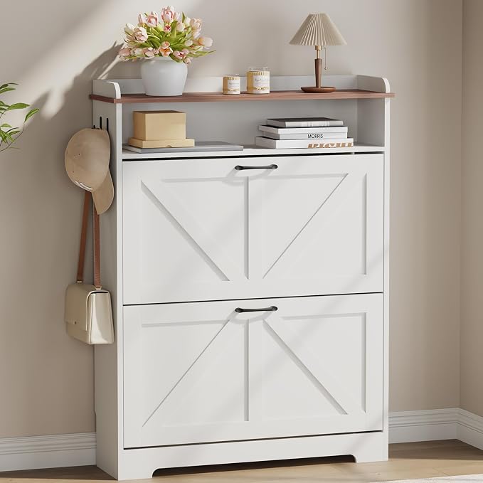 Shoe Cabinet with 2 Flip Drawers, Farmhouse Narrow Shoe Cabinet Organizer with 2 Adjustable Shelves & 2 Hooks, Shoe Rack for Entryway, Foyer, Hallway, White, 31.5" W x 8.7" D x 41.7" H