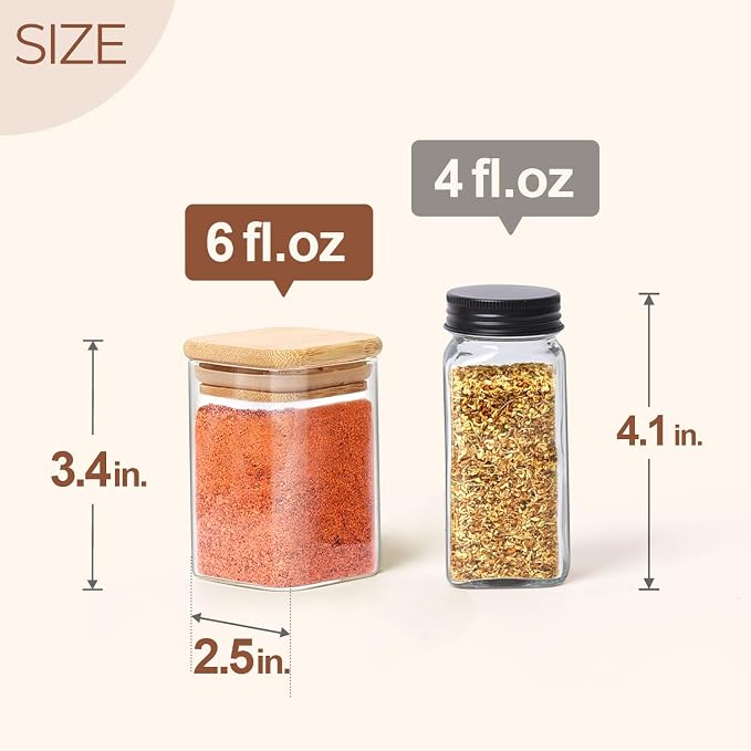 ComSaf Glass Spice Jars with Labels 6 oz 6 Pack Small Square Bamboo Lids | Empty Containers, Seasoning Herbs Powders, Salt Pepper Chili, Kitchen Cabinet Storage Starter Set, Dry Goods