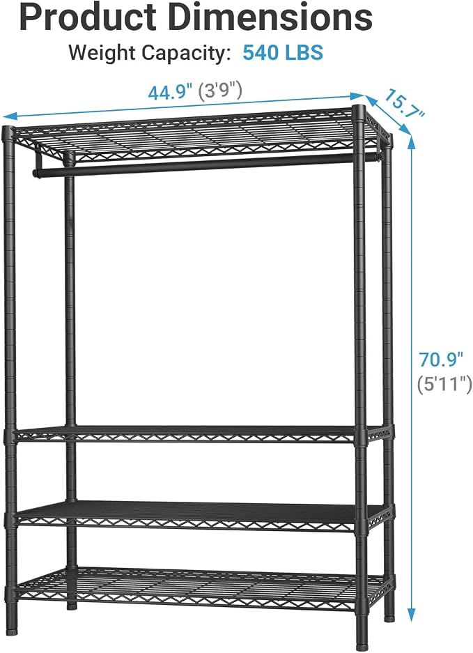 VIPEK V1 Plus Heavy Duty Clothes Rack with Shelves - 4 Tiers Adjustable Height | Holds Up to 540lbs | Perfect for Small Spaces, Apartments | Compact Design for Flexible Storage, Black