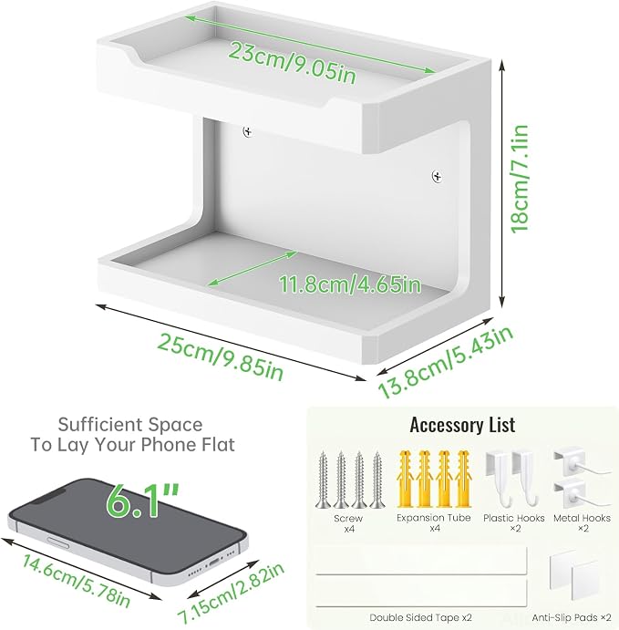 NiHome Bedside Wall Shelf Organizer, Wood 2-Tier Floating Nightstand, White | Dual Mount Adhesive Or Screw, 4 DIY Hooks, Cell Phone Glasses Holder, College Dorm Room Essentials