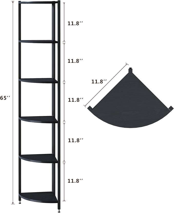 Corner Shelf with LED Lights, 6-Tier Corner Bookshelf, 66'' Organizer Book Shelf Shelves Steel Frame Display Stand with Living Room, Bedroom, Study, Black