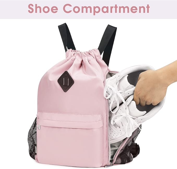 WANDF Drawstring Backpack with Shoe Compartment, Sports Gym Bag | Multi-Pocket Storage, Water-Resistant Fabric, Cinch String Bag