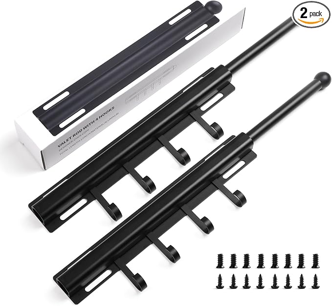 BaiNong Valet Rod for Closets Pull Out 12" Black with 4 Hooks (2Pack) | Closet Valet Rod Slide Out for Closets, Laundry Rooms, RVs Space-Saving