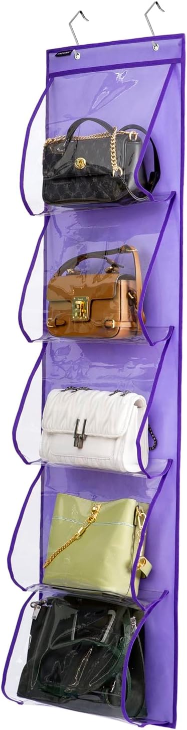 Over Door Hanging Purse Organizer Handbags Holder with 5 Easy Access Pockets Organizer Storage for Towel Scarf Umbrella (Purple)