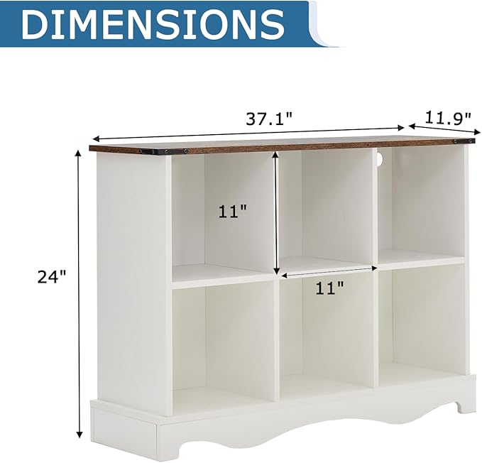 6 Cube Storage Organizer Bookcase, Long Horizontal Wood Bookshelf with Open Compartments, Multi-Purpose Cube Shelf, Hallway TV Stand for Living Room, Bedroom, Entryway, White