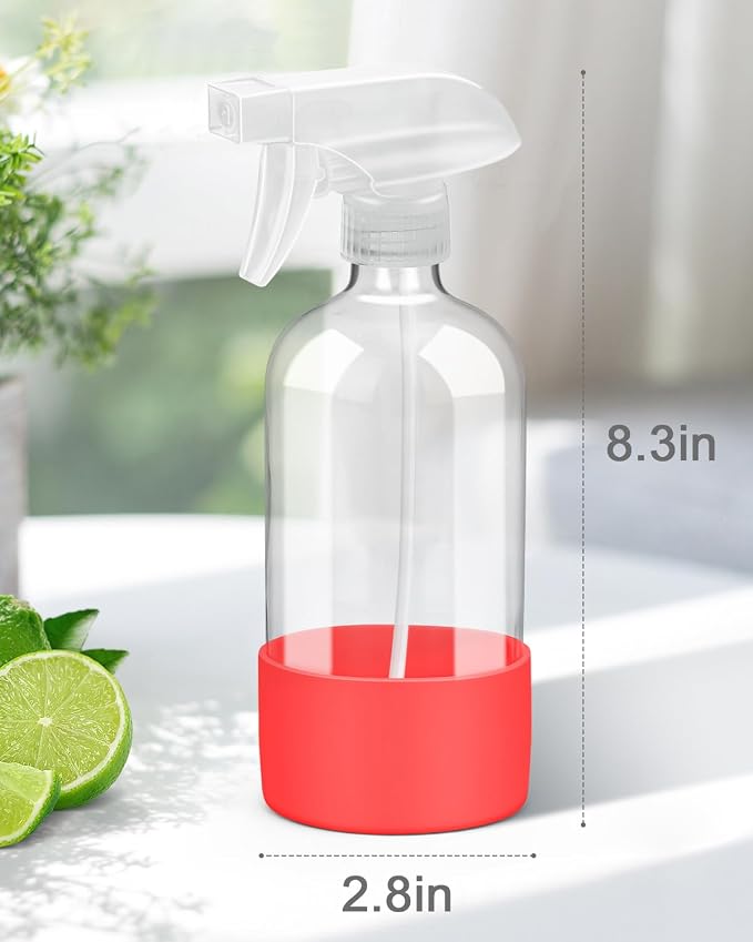 Rionisor Glass Spray Bottles with Silicone Sleeve Protection, Empty 16OZ Reusable Spray Bottles, Refillable Containers with Spray Nozzles for Cleaning Solutions, Plants and Essential Oils 1 Pack Red