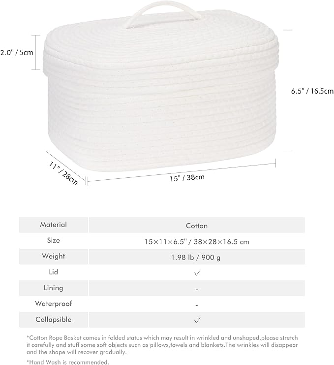 Sea Team Oval Cotton Rope Storage Basket with Lid, Lidded Woven Storage Bin, Nursery Storage Container, Diaper Caddy, Baby Shower Basket, Box, Organizer, 15 x 11 x 6.5 Inches (Medium, White)