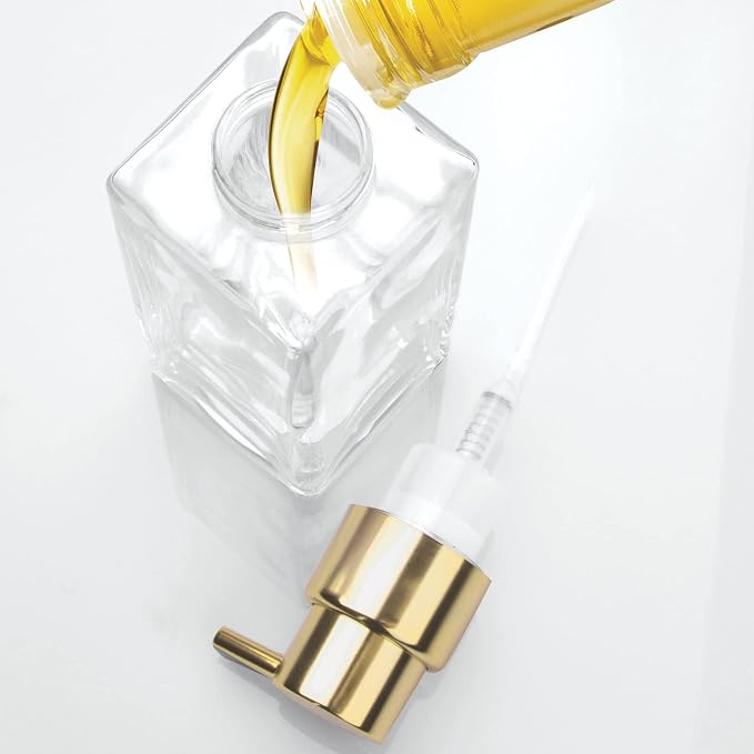 mDesign Glass Refillable Foaming Hand Soap Dispenser Modern Square Pump Bottle for Bathroom Vanities or Kitchen Sink, Countertops - 2 Pack - Clear/Soft Brass