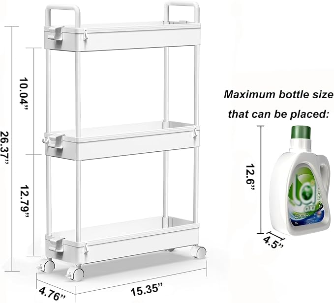 SOLEJAZZ Slim Rolling Storage Cart Skinny Bathroom Organizer, 3 Tier, White | Thin utility cart with wheels for bathroom, laundry room, bedside, kitchen, dorm, office, next to fridge, small narrow places