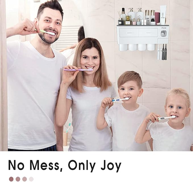 iHave Toothbrush Holders Wall Mounted with Toothpaste Dispenser & 4 Cups | All-in-One Bathroom Organizer: 4 Cups, 7 Slots, Toothpaste Dispenser, Large Tray & Drawer. Wall Mount, No Drilling Required