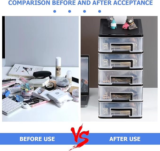 Plastic Desk Organizer,Desk Storage Box with 5 Drawers,Cosmetics Jewelry Storage Box Multifunction Storage Rack for Office School Home (Black &Transparent)