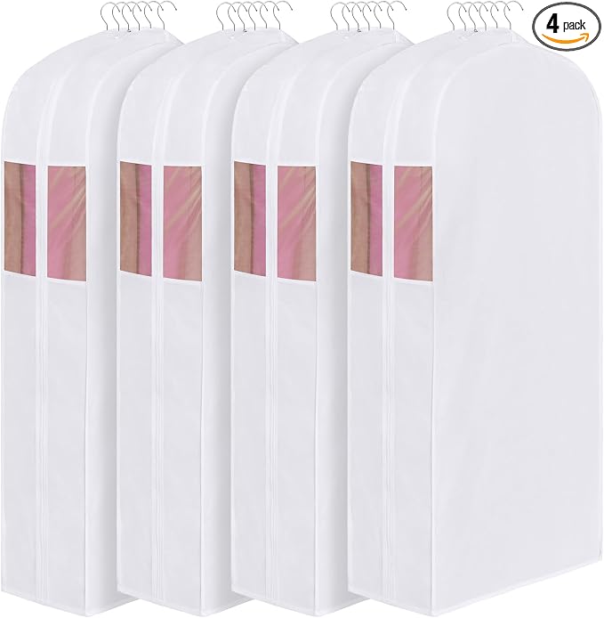 Univivi Premium Cotton Garment Bags for Hanging Clothes and Storage, 60 Inch Washable Dress Bags for Gowns Long, Full Zipper Dust Cover with Extra Large 10" Gusset & Clear Window - 4 Pack