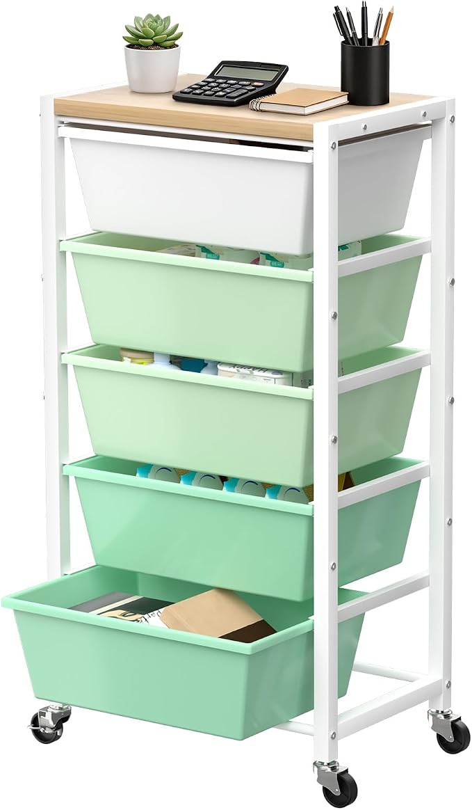 Rolling Cart with 5 Drawers, Plastic Drawer Storage Carts with Wheels & Wooden Tabletop, Metal Utility Cart for Office Bedroom Living Room Classroom, Craft Organization and Storage, Green