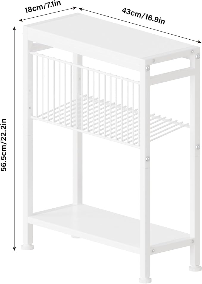 Side Table for Small Spaces, Narrow End Table with Magazine Holder, 2 in 1 Design Slim Side Table, Skinny Nightstand for Living Room Bedroom, Thin Side Magazine Table, White