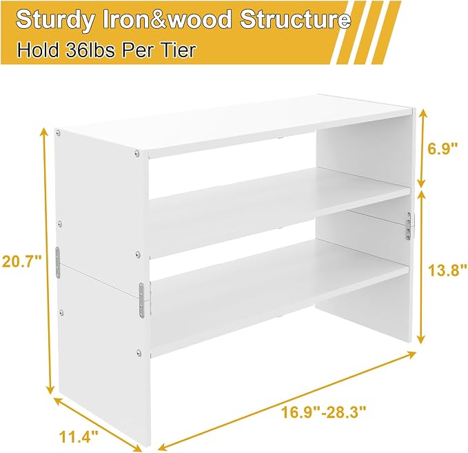 White Shoe Rack Organizer for Closet, 3-Tier Expandable Shoe Shelf, Stackable Iron Wood Combination Shoe Racks Shelves for Closets, Entryway,Small Space,Hallway,Garage,Holds 8-16 Pairs of Shoes