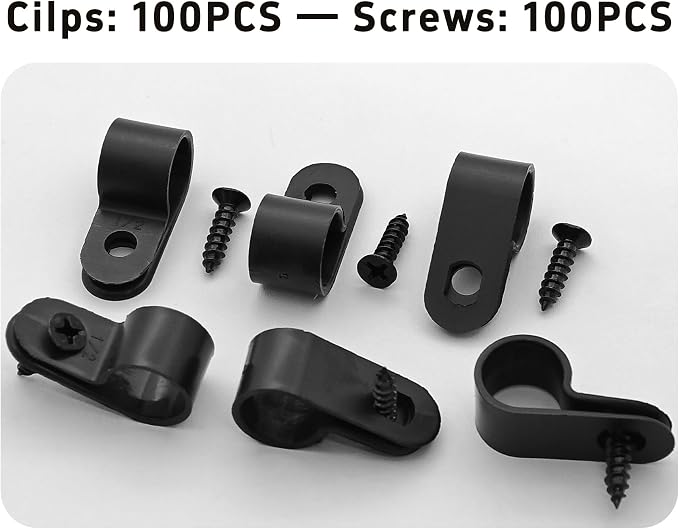 100Pcs R-Type Cable Clips 1/2" Black Nylon Plastic Wire Clamps with Mounting Screws, Cord Fastener Cable Management Organizer for Home Office Electrical Installation