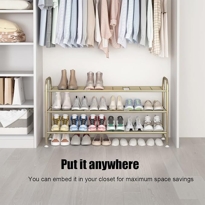 LINZINAR 3 Tier Long Shoe Rack for Closet Metal Shoe Organizer for Entryway | Spacious design stores 20+ pairs of shoes,durable metal frame,space-saving organizer for closet, hallway, and Entryway Gold