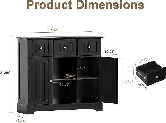 ChooChoo 35.4" Coffee Bar Cabinet with 3 Drawers and 2 Doors, Black | Buffet Cabinet with Adjustable Shelves, Storage Cabinet for Compact Kitchens, Dining rooms and Living rooms