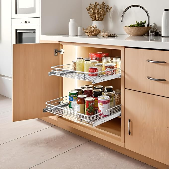 JOWBOOW Sliding Cabinet Organizer Pull Out Shelves (11.7" W x 21" D), Heavy-Duty Slide Out Shelf, Steel Metal Cabinet Roll Out Shelves for Kitchen Bathroom, Chrome