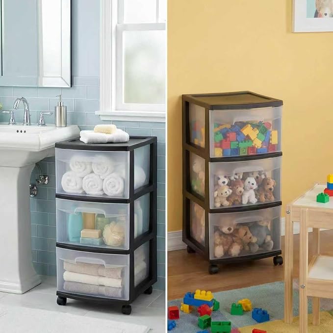 3 Drawer Plastic Storage Cart, Clear Rolling Home Office Organizer Black | Removable wheels switch between rolling mobility & stationary stability for any room.