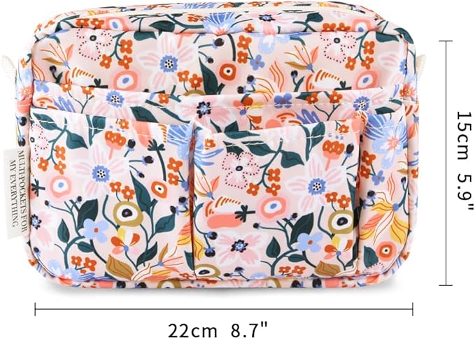 E-WEICHEN Multiple Pockets Portfolio Organizer with Zippered, Makeup Bag Travel Essentials for Women, Simple Waterproof Stationery Pencil Pouch Bag for Journal Office Art Supplies.Pink Flower