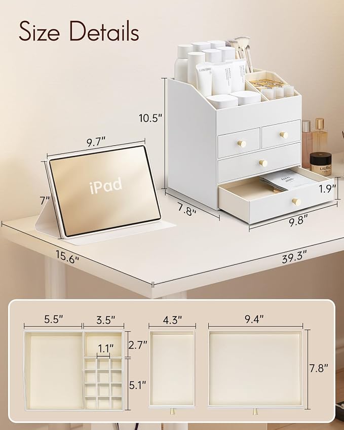 VLANDO Makeup Organizer,Vanity Organizer with Drawers, PU Leather Skincare Organizer Perfume Organizer,Large Cosmetic Display Case for Lipstick,Brushes Gifts for Women, White, 4 Layer