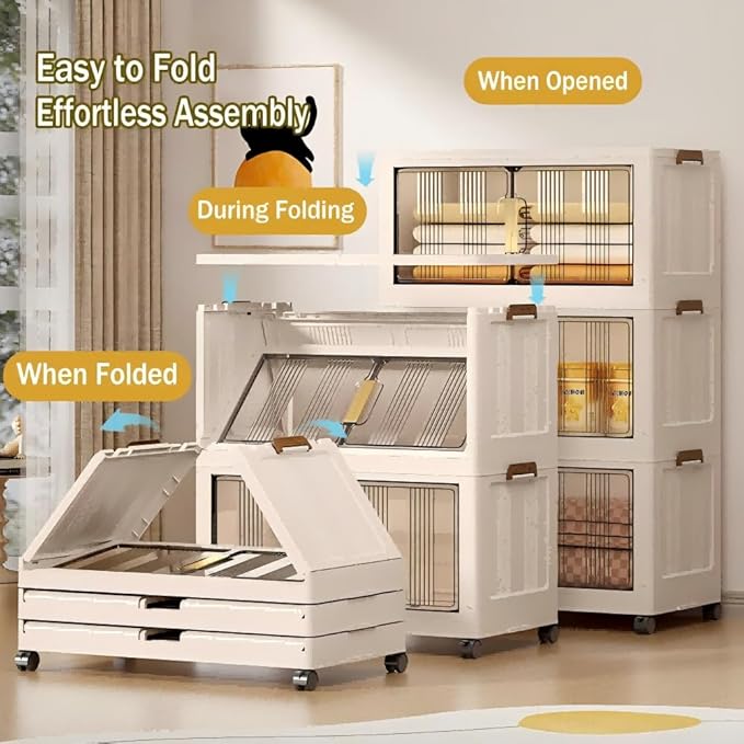 Storage Bins with Lids, 3 Tier 360 QT Stackable Plastic Storage Bins, Foldable Storages Boxes with Magnetic Doors and Wheels for Clothes, Snacks, Books, Folding Containers for Home Office