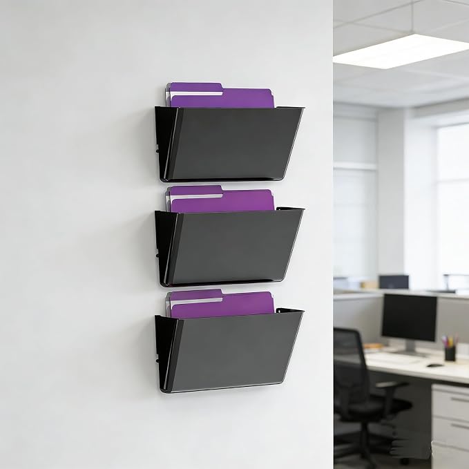 MINDEPOT 3 Pockets Acrylic Wall File Organizer, Clear Wall File Holder, Plastic Hanging Wall File Holder for Office, School and Home, Black