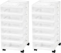IRIS USA Plastic Drawer Storage Organizer Rolling Cart, 2-Pack, with Wheels Casters, 6-Drawers, for Classroom Art Craft Supplies Dresser Closet Bathroom Laundry Room, White/Clear