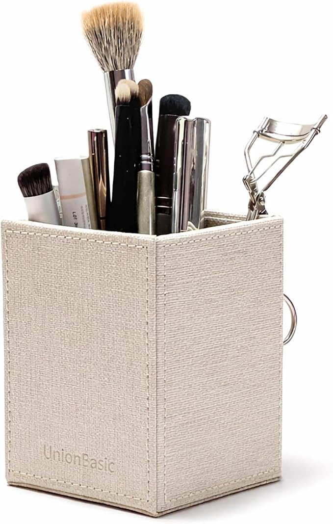 UnionBasic Square Pen Holder, Leather Pencil Cup, Desktop Caddy Stationery Organizer, Beige