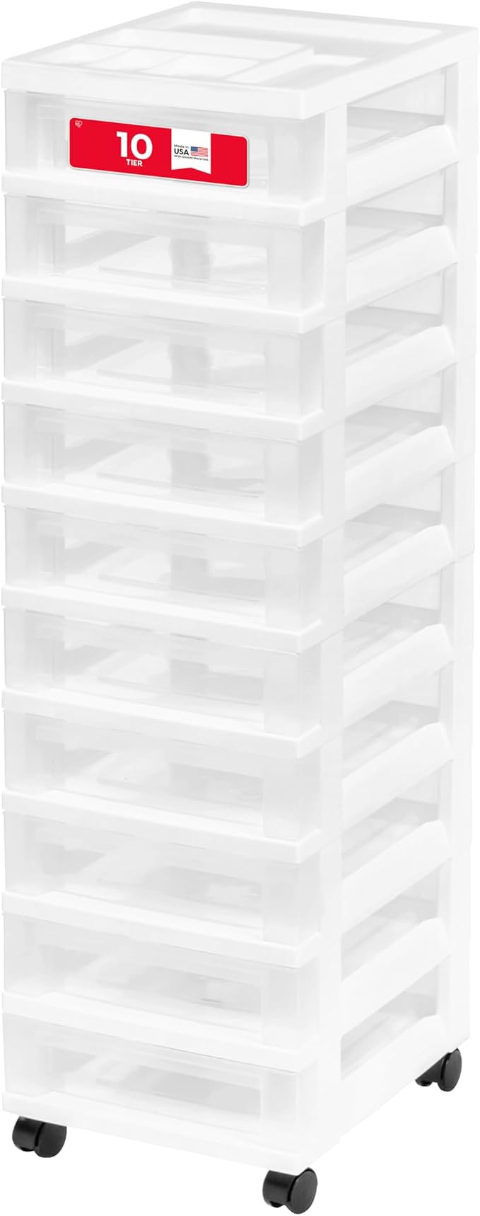 IRIS USA 10-Drawer Rolling Storage Cart, White/Clear | Keep craft supplies, office essentials, classroom items, and accessories organized with easy-access drawers for daily use