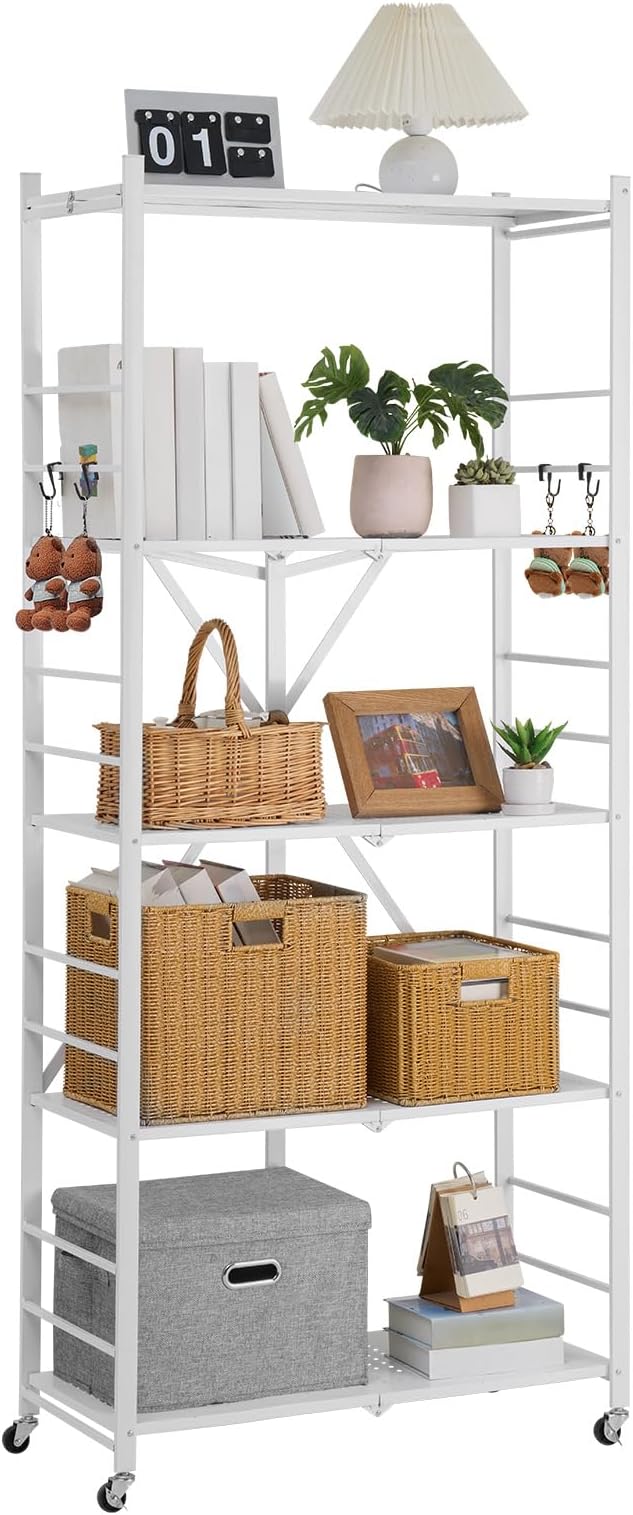 VEVOR 5-Tier Foldable Storage Shelf, 32W x 14D x 72H Inch Folding Metal Rack Shelving Unit, Heavy Duty No Assembly Organizer Shelf with 5 Wheels & 4 Hooks for Pantry, Kitchen, Garage, Basement, White