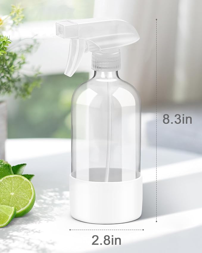 Rionisor Glass Spray Bottles with Silicone Sleeve Protection, Empty 16OZ Reusable Spray Bottles, Refillable Containers with Spray Nozzles for Cleaning Solutions, Plants and Essential Oils 1 Pack White