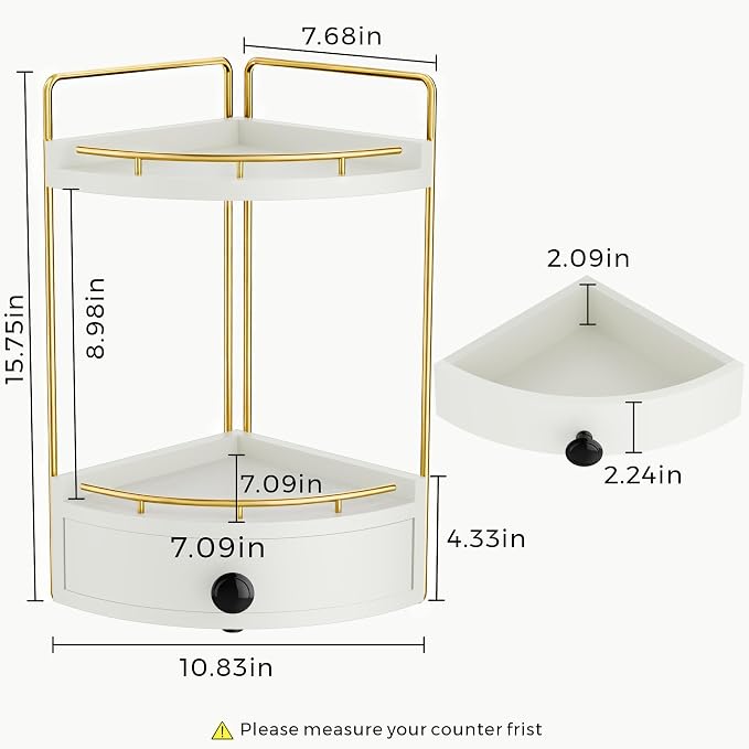 2-Tier Corner Bathroom Counter Organizer with Drawer, White Gold | Embedded Screw Holes, Wooden Countertop Organizers, Space-Saving, Bottom Ventilation Design, Counter Shelf for Vanity