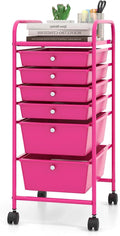DREAMADE Rolling Cart with Storage Drawers, Utility Cart w/Removable Plastic Drawers, Lockable Wheels, Art Cart for Classroom Organization Art Supplies Office Scrapbook (6 Drawers, Hot Pink)