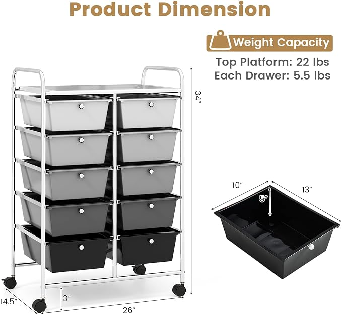 Moccha Rolling Storage Cart with 10 Drawers - Under Desk Cabinet on Wheels for Craft Art Supply Paper Salon, Scrapbook Paper Tools, Multipurpose Mobile Utility Cart for Classroom, Gradient Grey