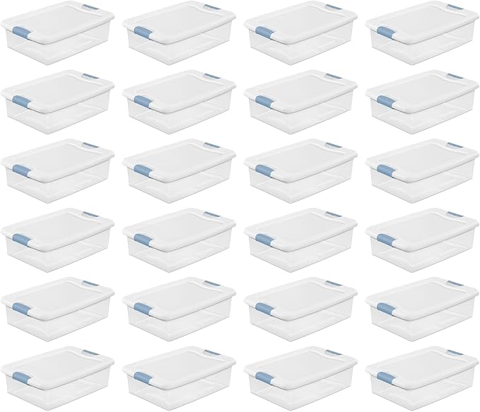 Sterilite 24-Pack Latching Box, Clear Plastic Under Bed Storage Bins with Lids, 32 Quart - Large Stackable Tote Organizer Containers for Closet, Bedroom, Bathroom, and Office Organization