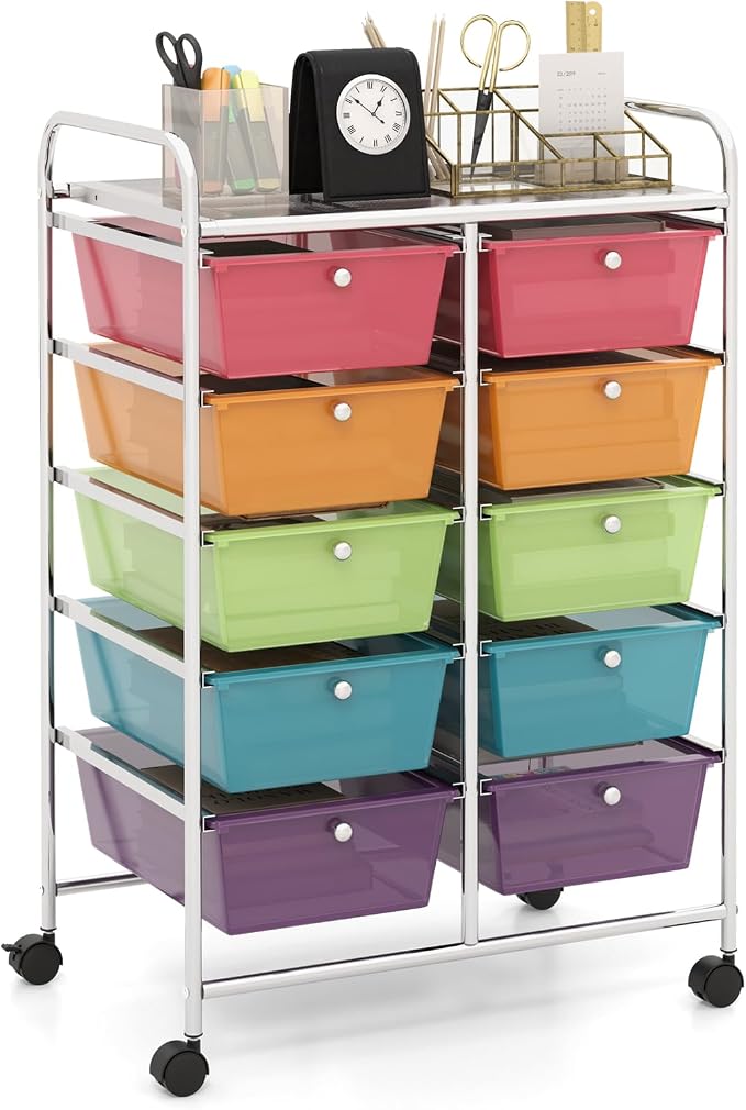 HAPPYGRILL 10-Drawer Rolling Storage Cart, Storage Organizer Cart with Lockable Wheels, Beauty Salon Movable Utility Cart for School, Office, Home, (Clear Colorful)