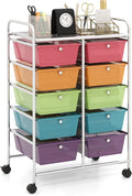 HAPPYGRILL 10-Drawer Rolling Storage Cart, Storage Organizer Cart with Lockable Wheels, Beauty Salon Movable Utility Cart for School, Office, Home, (Clear Colorful)