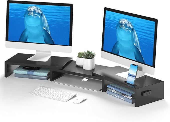 BONTEC Dual Monitor Stand Riser with Smartphone Holder, Adjustable Length & Swivel Angle, Ergonomic Wooden Desktop Organizer for PC Monitor, Laptop, Printer, Large Storage, 42.5 in, Black