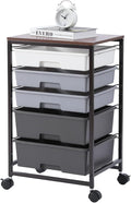 SYKIARIOL Utility Cart with 5 Drawers,Storage Drawer Cart with Wooden Tabletop and Lockable Wheels,Craft Storage Trolley Cart,5-Tier Rolling Utility Cart on Wheels,Dark Grey