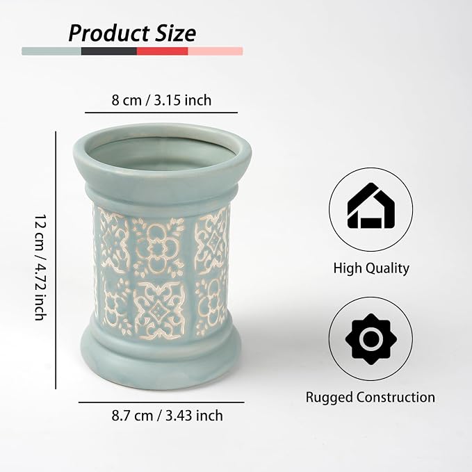 Printed Pencil Holder, Cute Pen Holder for Desk, Ceramic Carved Cylinder Pencil Holder, Office Decoration Container Islamic Style(Blue)