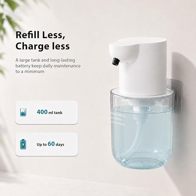 Automatic Foaming Hand Soap Dispenser - 13.5oz modunful M2 DA1502 White | Wall Mount Countertop, Type-C Rechargeable, Transport Boby, Touchless, Delicate Foam