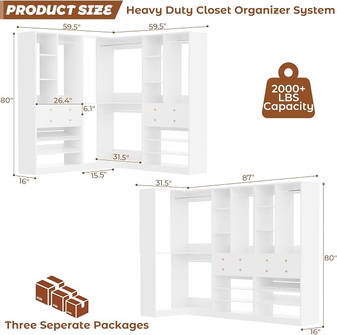 Besiost Closet System with 4 Drawers and Hanging Rods, 59.5"L / 87"L Closet Organizer System with Corner Tower, L Shaped Walk-in Closet System, Corner Closet System with Shelves, Set of 3, White