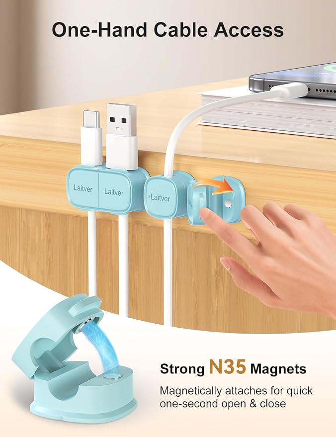 6 Pack Magnetic Cable Clips [1s Open/Lock], Cord Organizer Holder | Strong Adhesive Desk Cable Management- Organize Charging Cords Neatly for Home, Office, Car,Desk, Nightstand-Blue